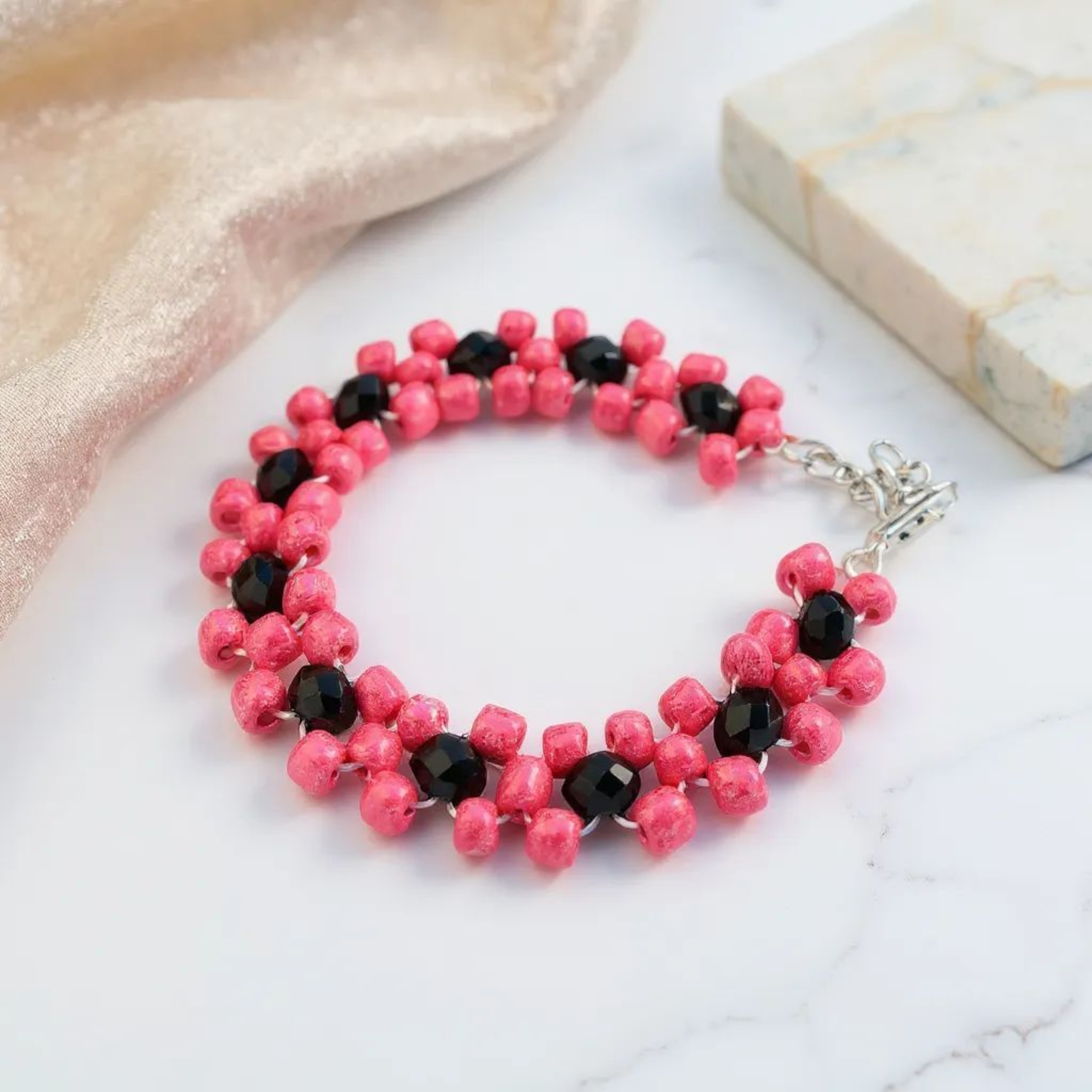 Hotpink and Black Combo Bead Bracelet