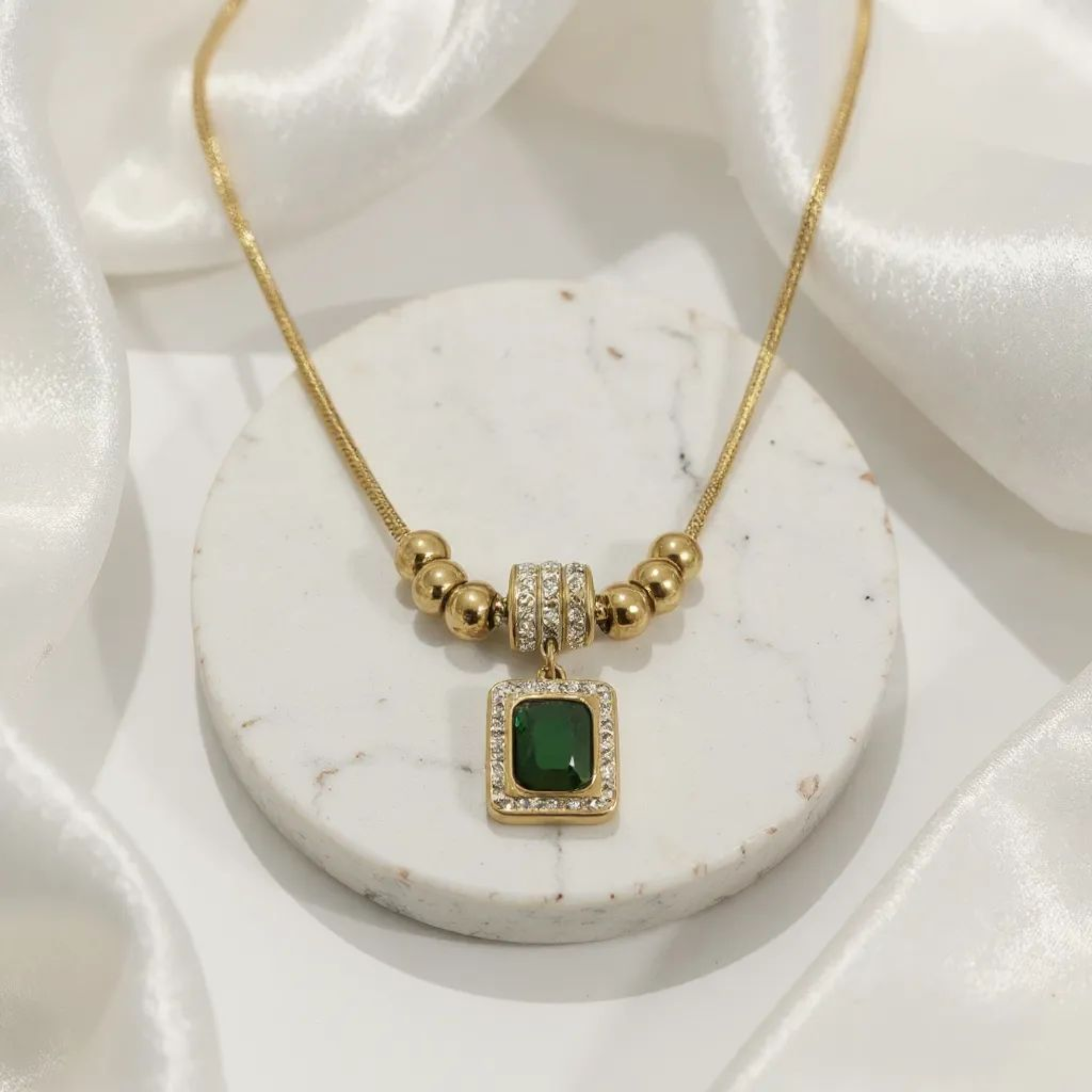 Green Emerald With Diamond 18K Gold Plated Necklace