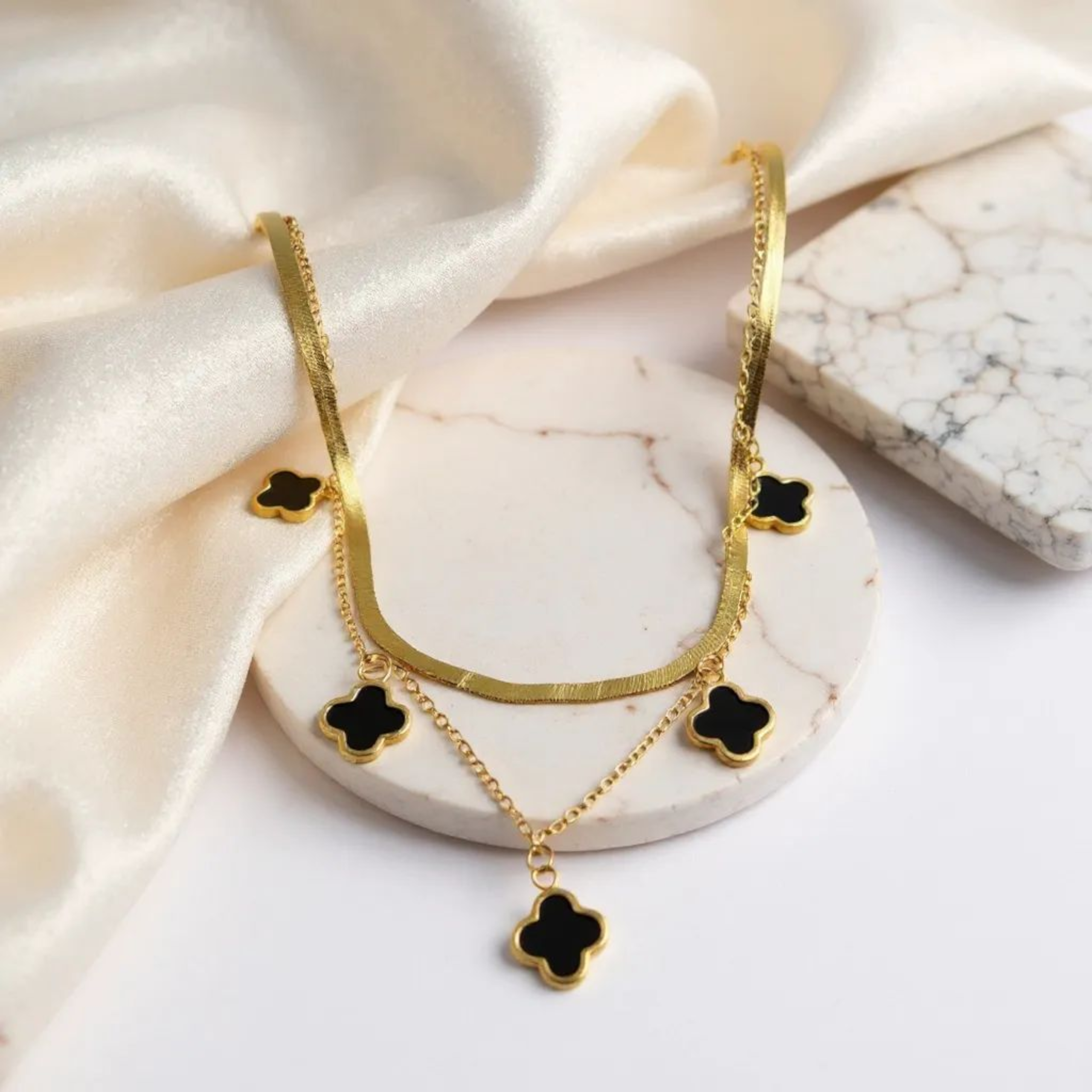 Double Chain Black Clover 18K Gold Plated Necklace