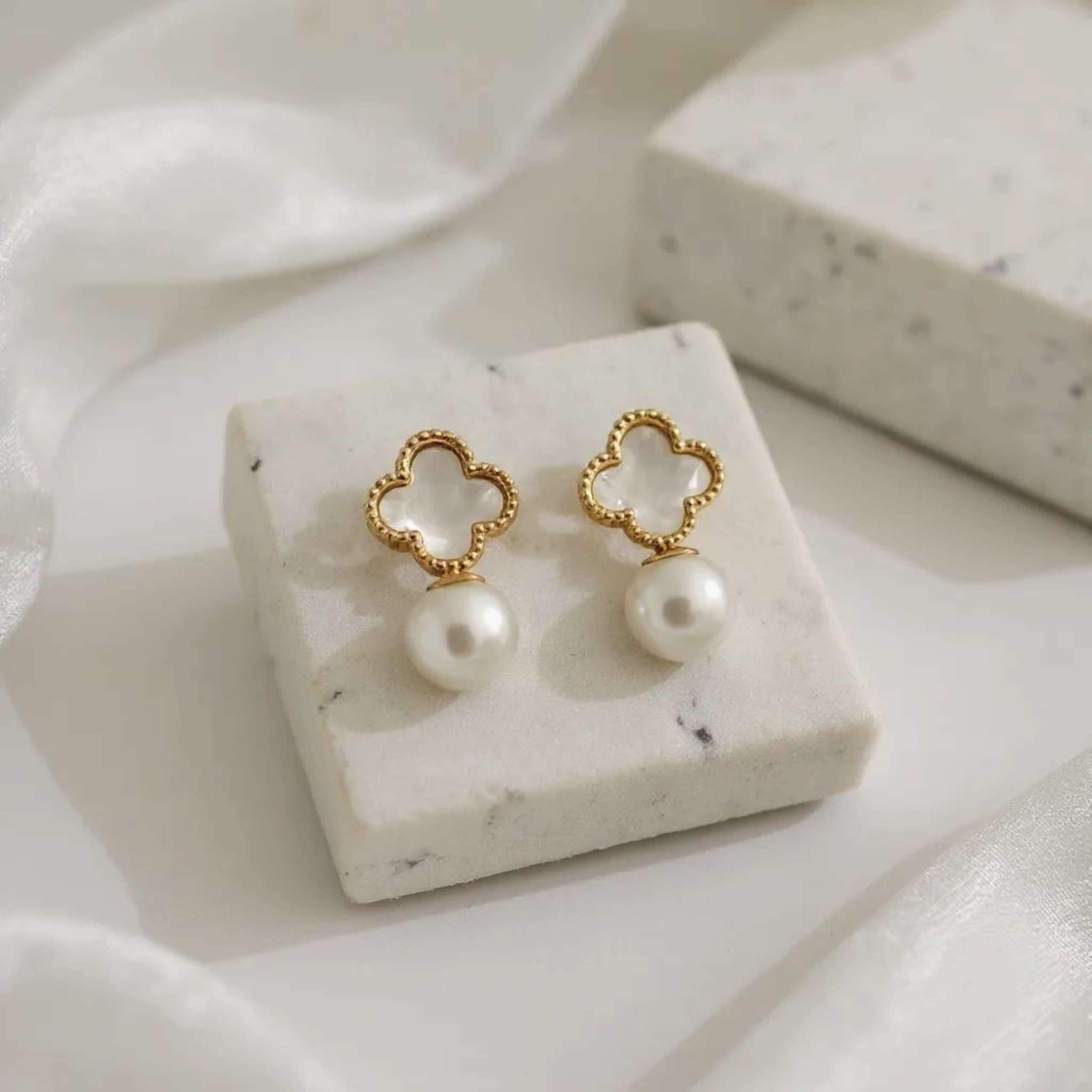 Clover with Pearl 18K Gold Plated Earrings