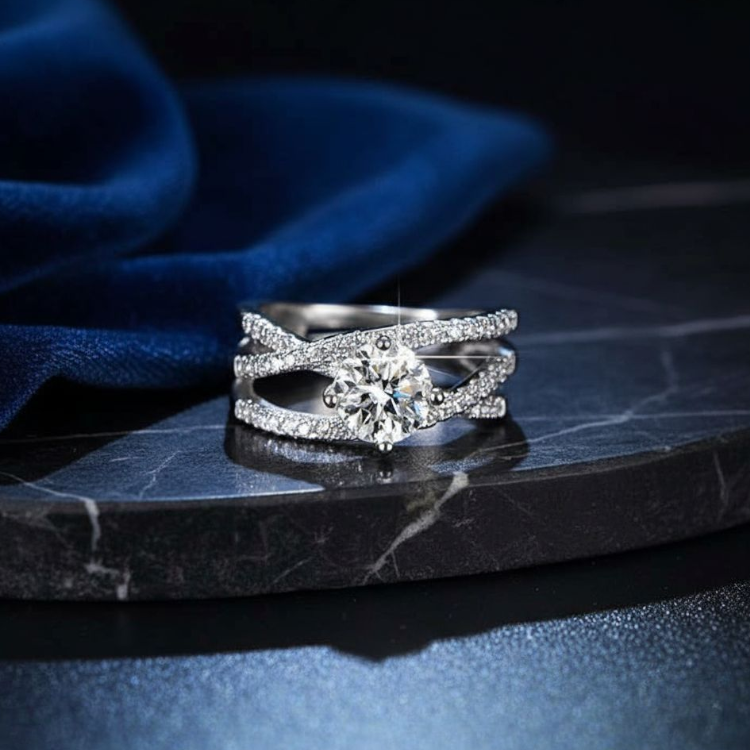 Diamond Solitaire Silver Plated Ring (Adjustable)