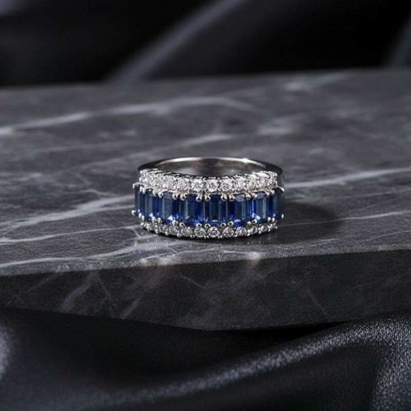 Sapphire & Diamond Accent Silver Plated Ring