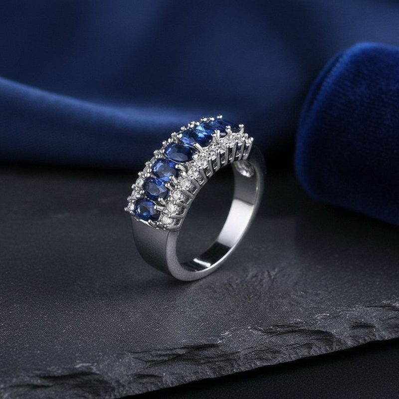 Sapphire & Diamond Accent Silver Plated Ring