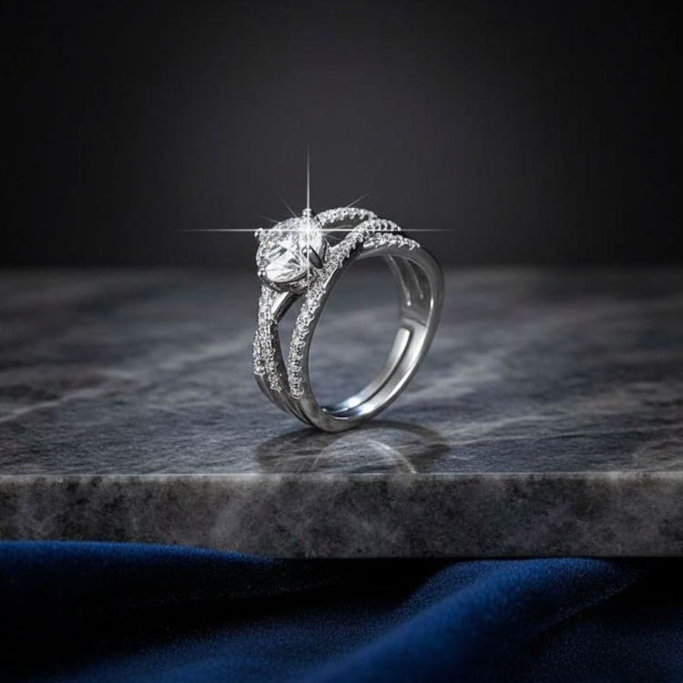 Diamond Solitaire Silver Plated Ring (Adjustable)