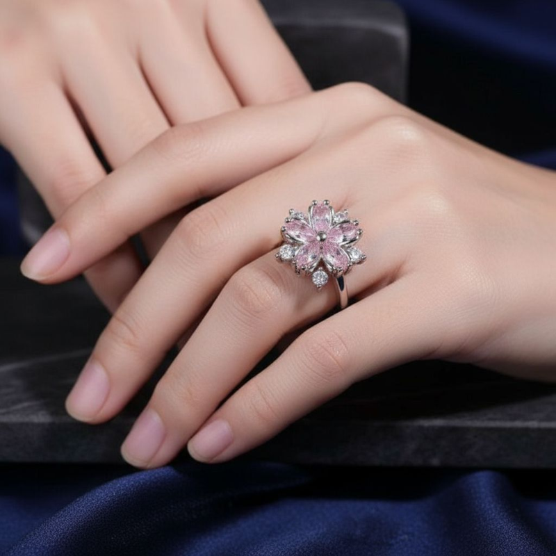 Pink Blossom Gemstone Silver Plated Ring (Adjustable)