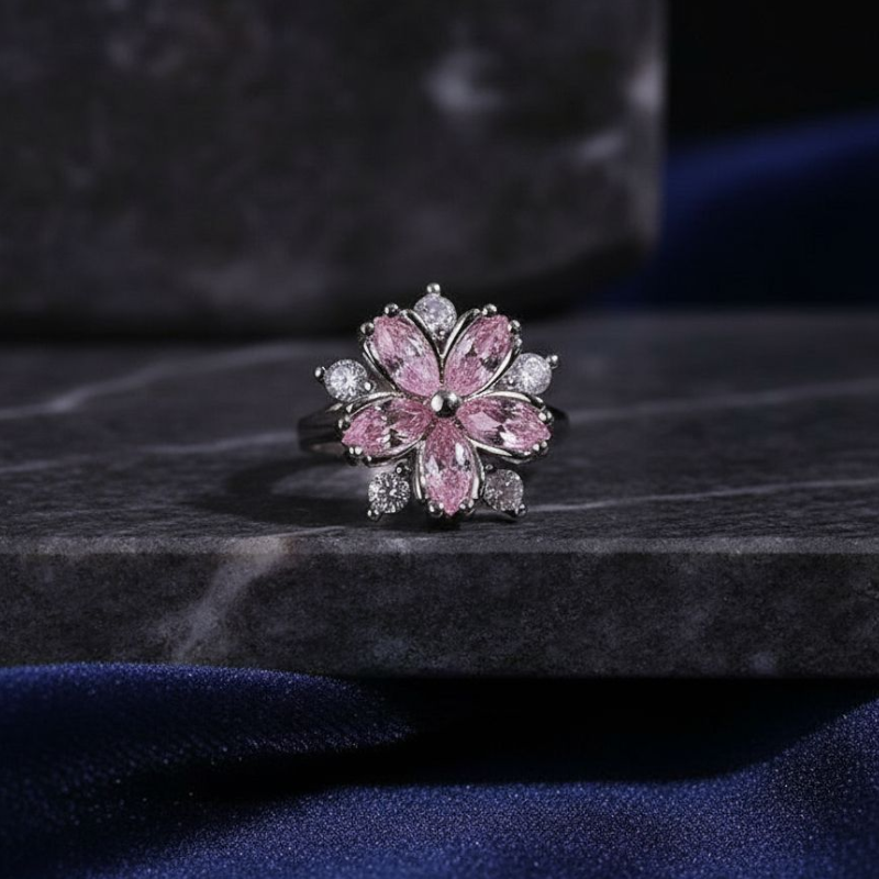 Pink Blossom Gemstone Silver Plated Ring (Adjustable)