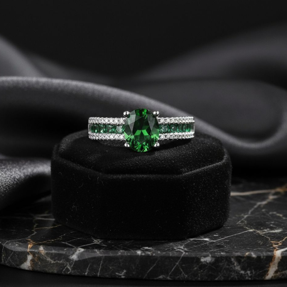 Emerald Gemstone Silver Plated Ring (Adjustable)