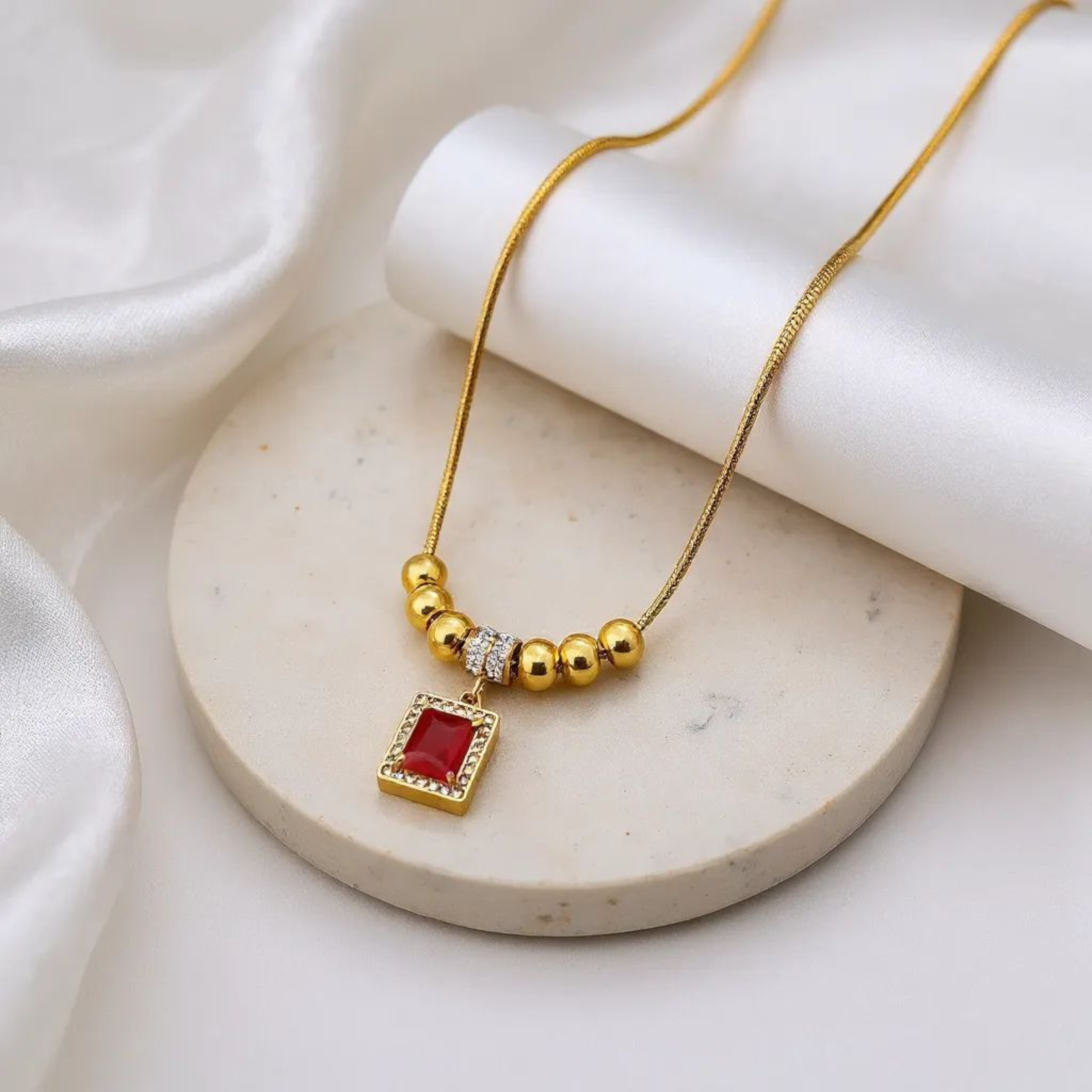 Red Square With Diamond 18K Gold Plated Necklace