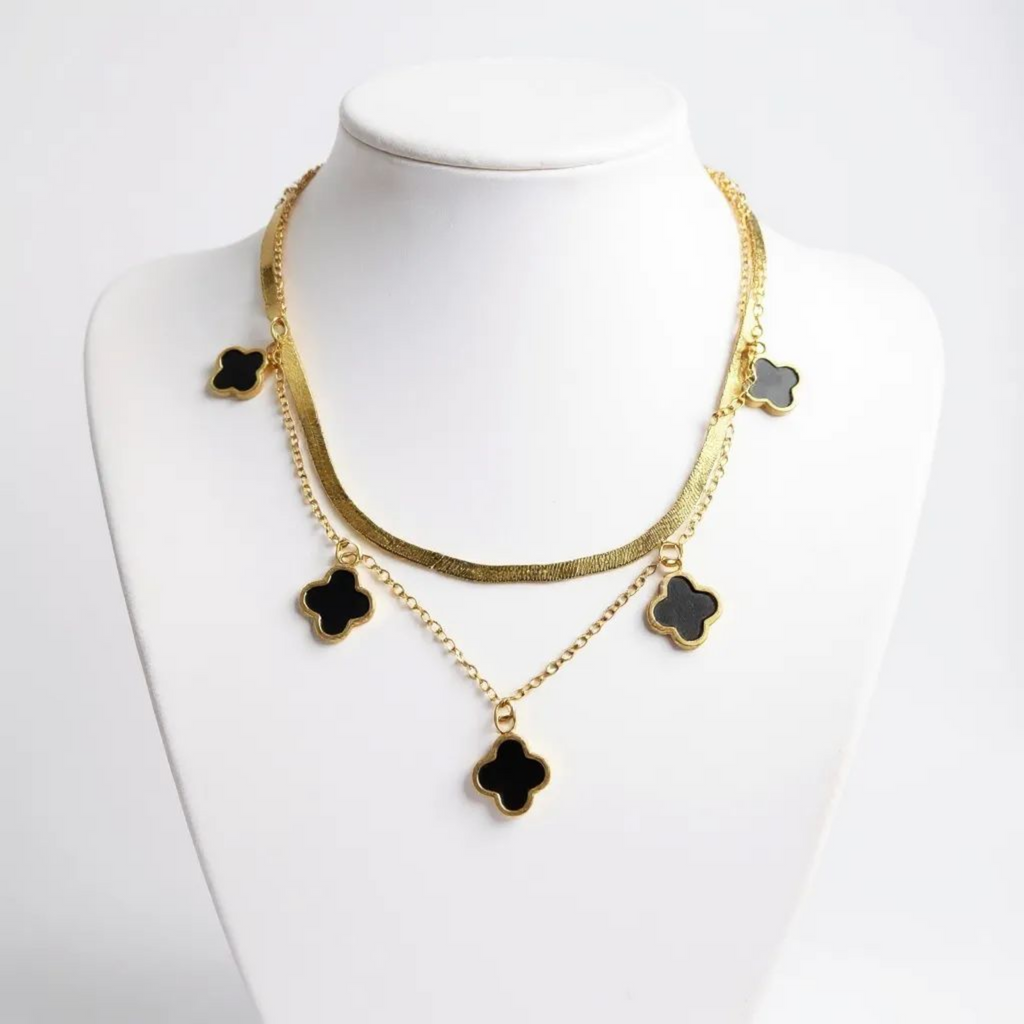Double Chain Black Clover 18K Gold Plated Necklace