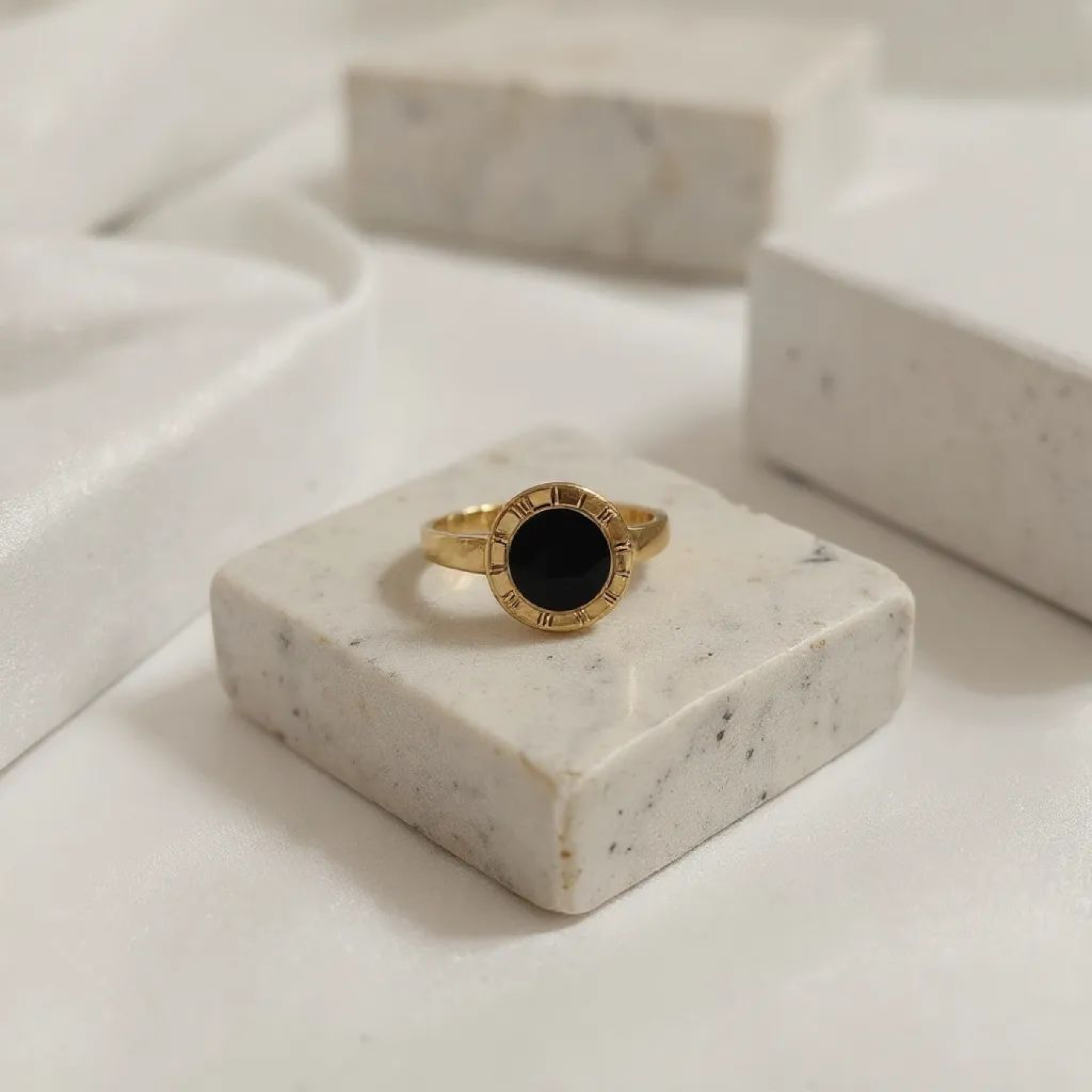 Roman Onyx 18k Gold Plated Ring (Adjustable)