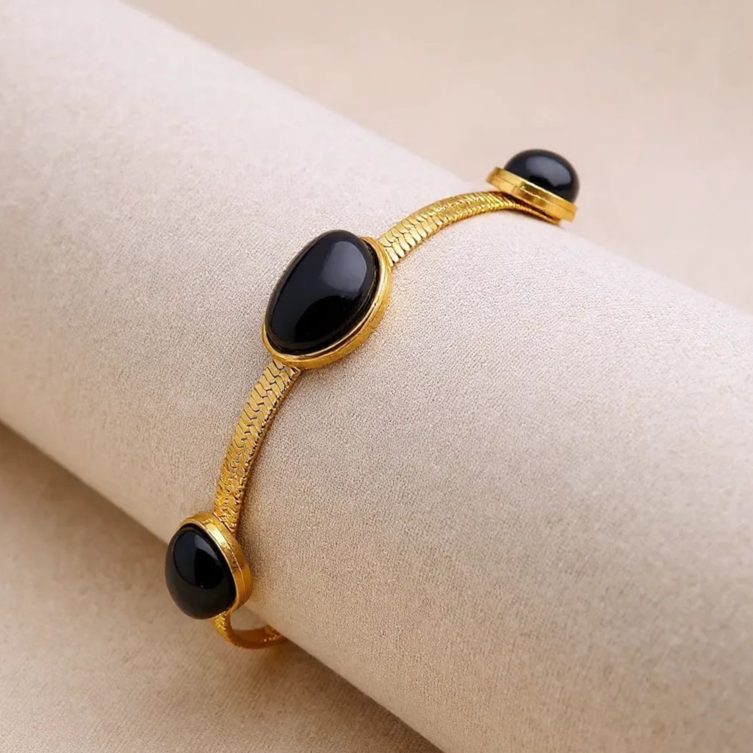 Black Stone Mesh 18K Gold Plated Bracelet
