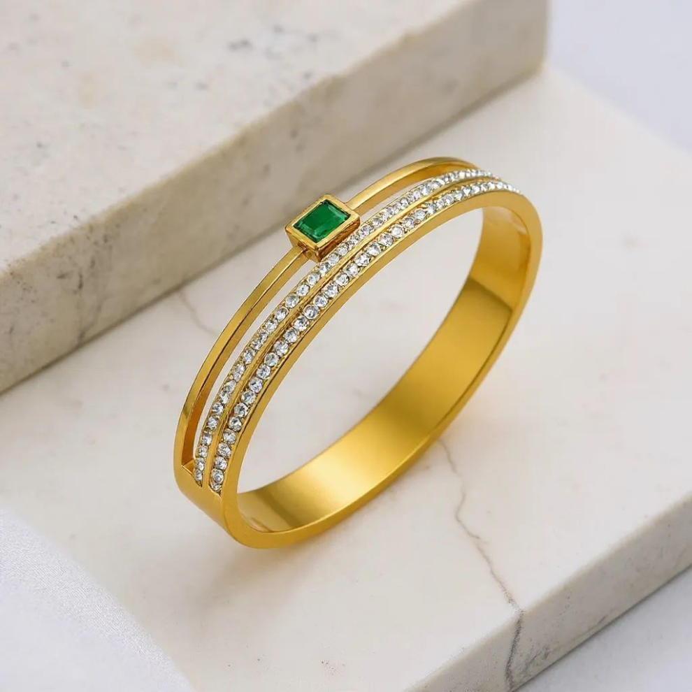 Green Emerald and Diamond 18K Gold Plated Handcuff