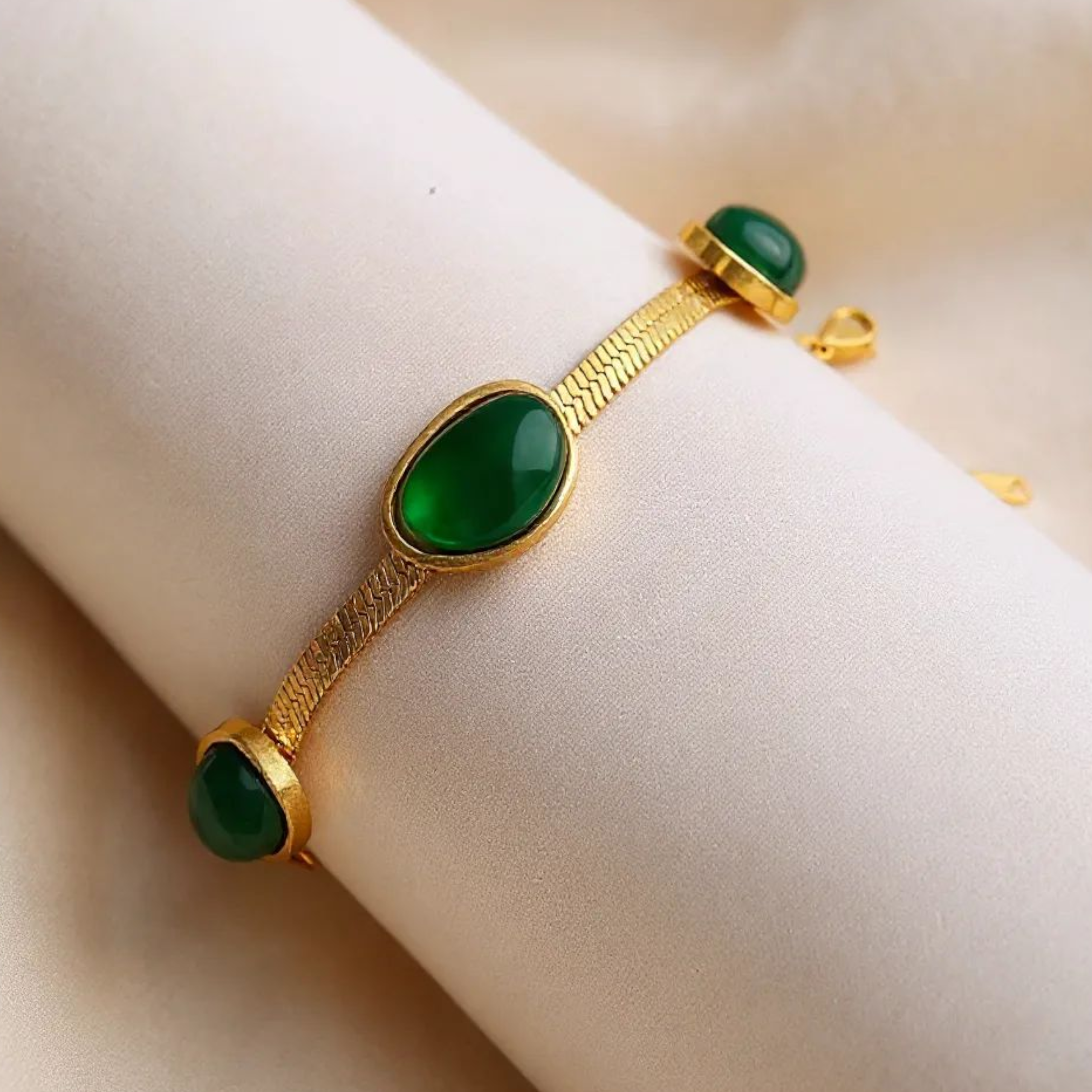 Green Stone Mesh 18K Gold Plated Bracelet