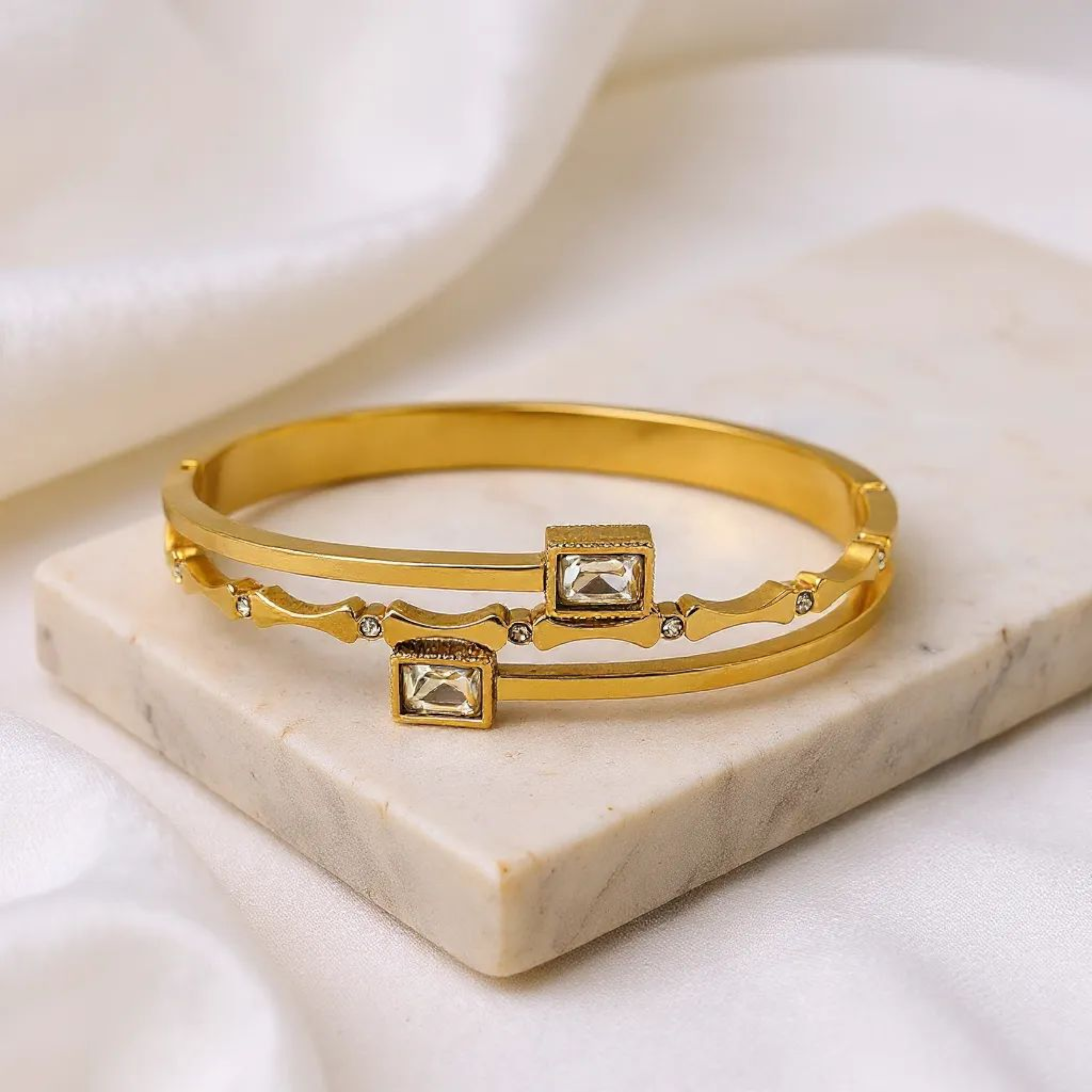 Square Cut Stone 18K Gold Plated Handcuff