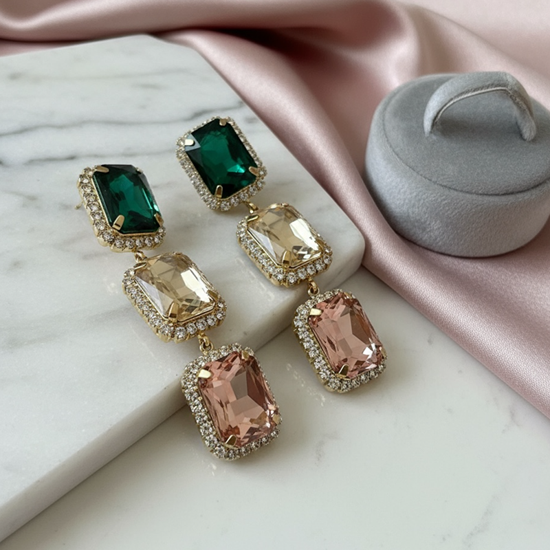 Three Tone Crystal Gold Plated Earrings