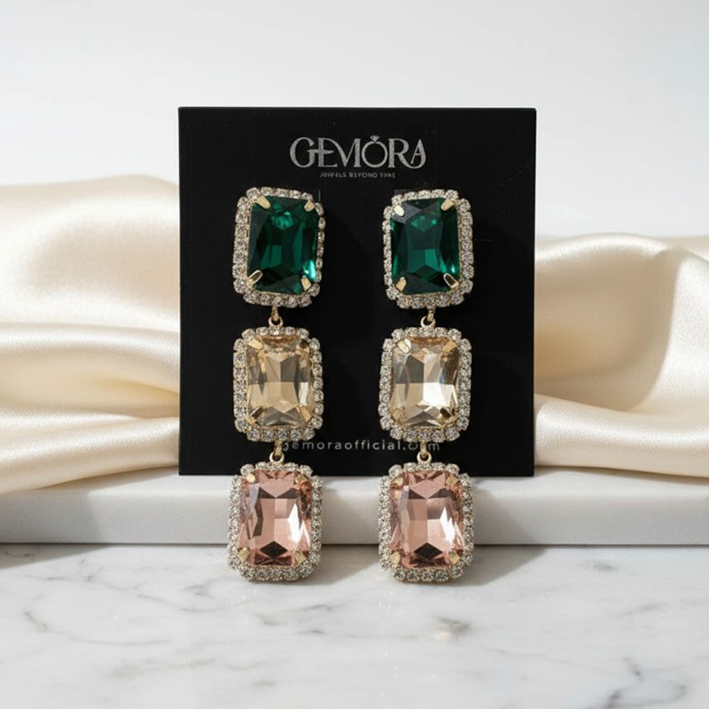 Three Tone Crystal Gold Plated Earrings