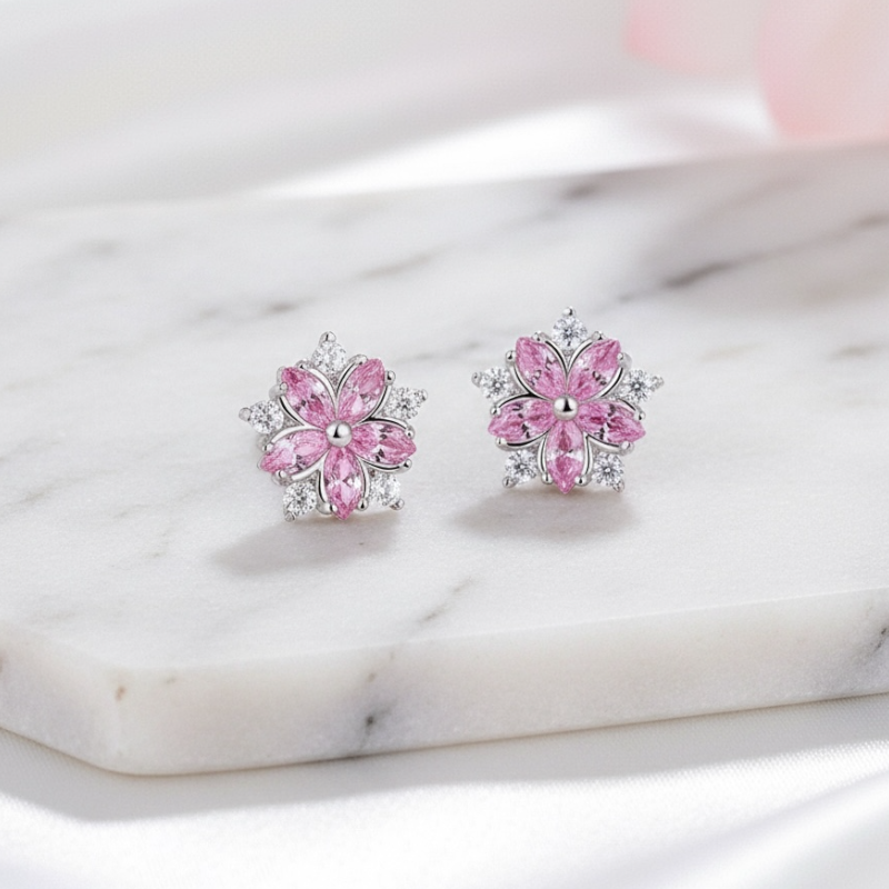 Pink Bloom Silver Plated Studs