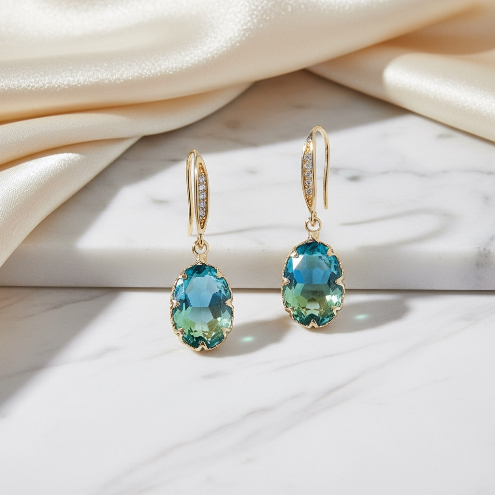 Aqua Crystal Drop Silver Plated Earrings