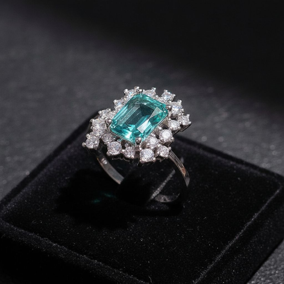 Emarald Cut Teal Silver Plated Ring (Adjustable)