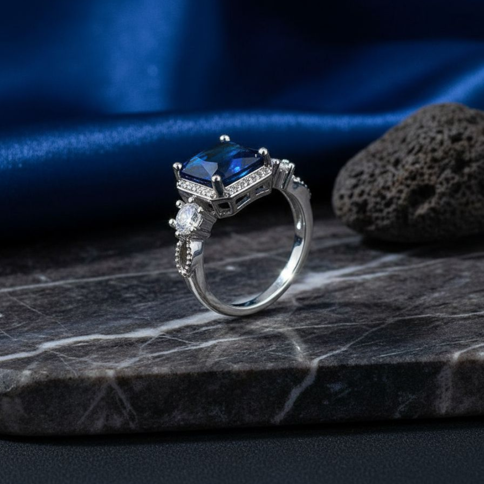 Sapphire Square Silver Plated Ring (Adjustable)