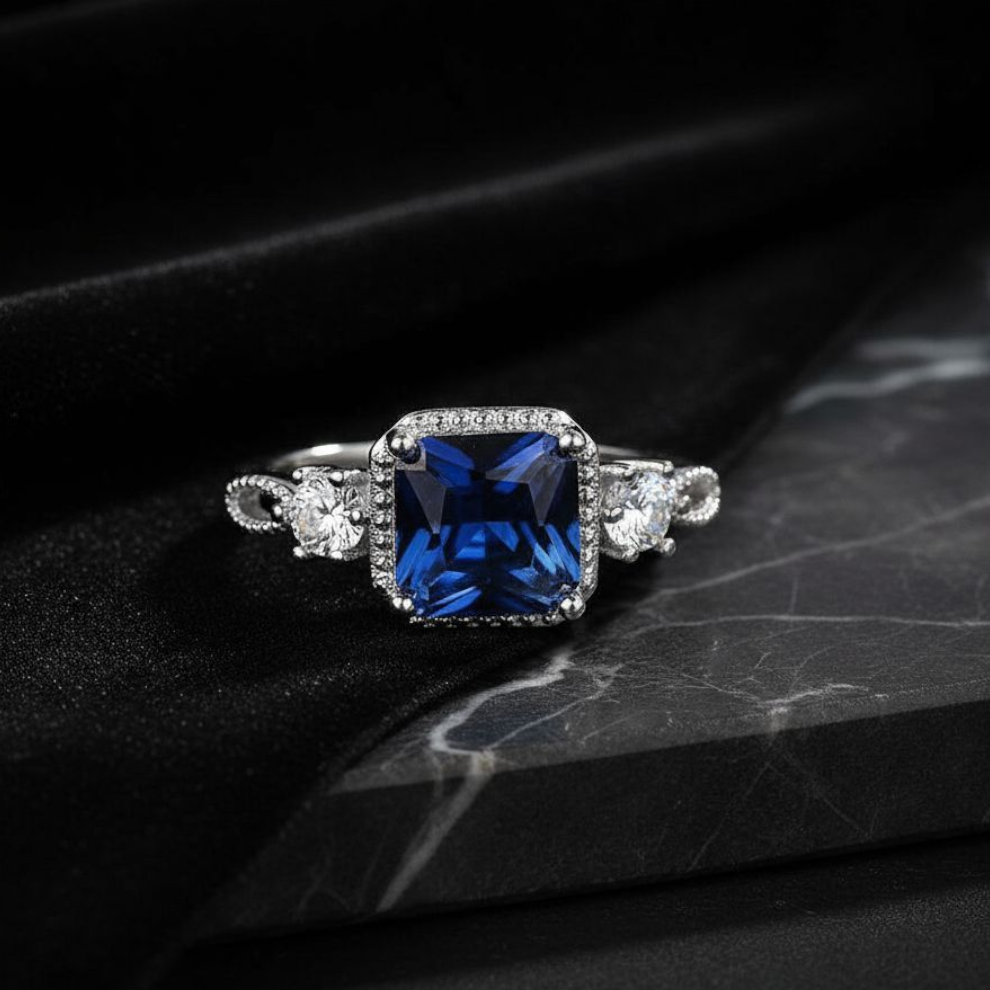 Sapphire Square Silver Plated Ring (Adjustable)
