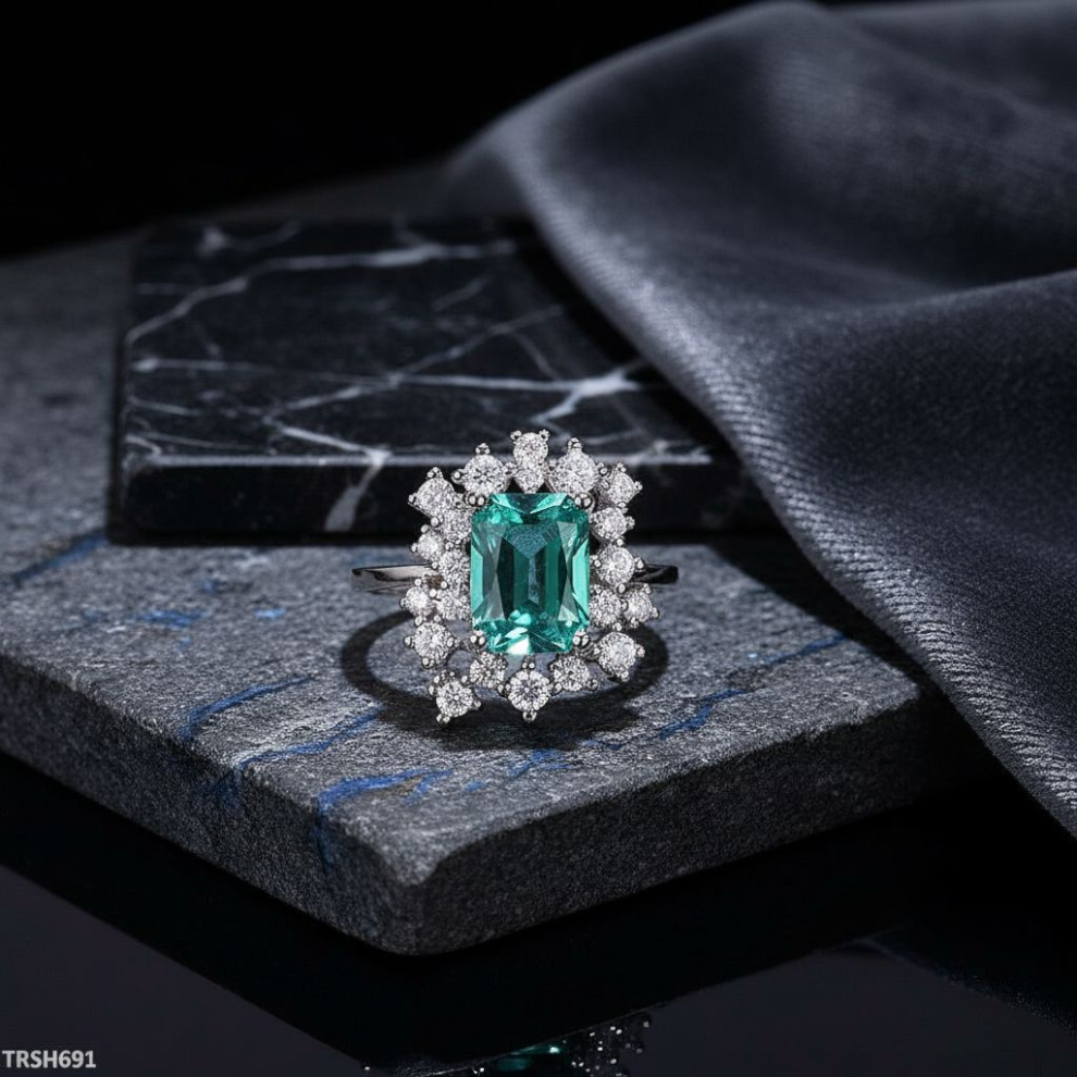 Emarald Cut Teal Silver Plated Ring (Adjustable)