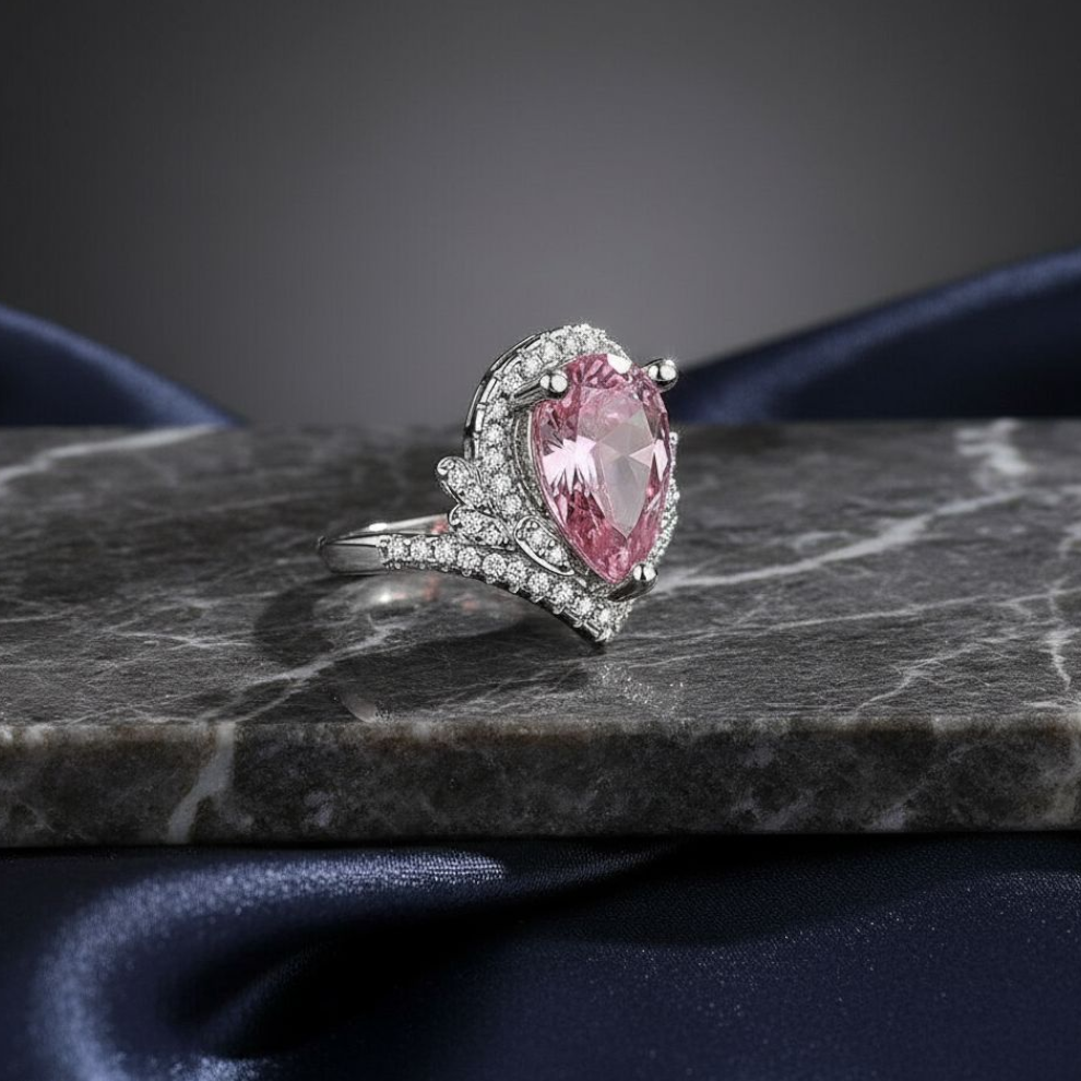 Pink Quartz Diamond Silver Plated Ring (Adjustable)