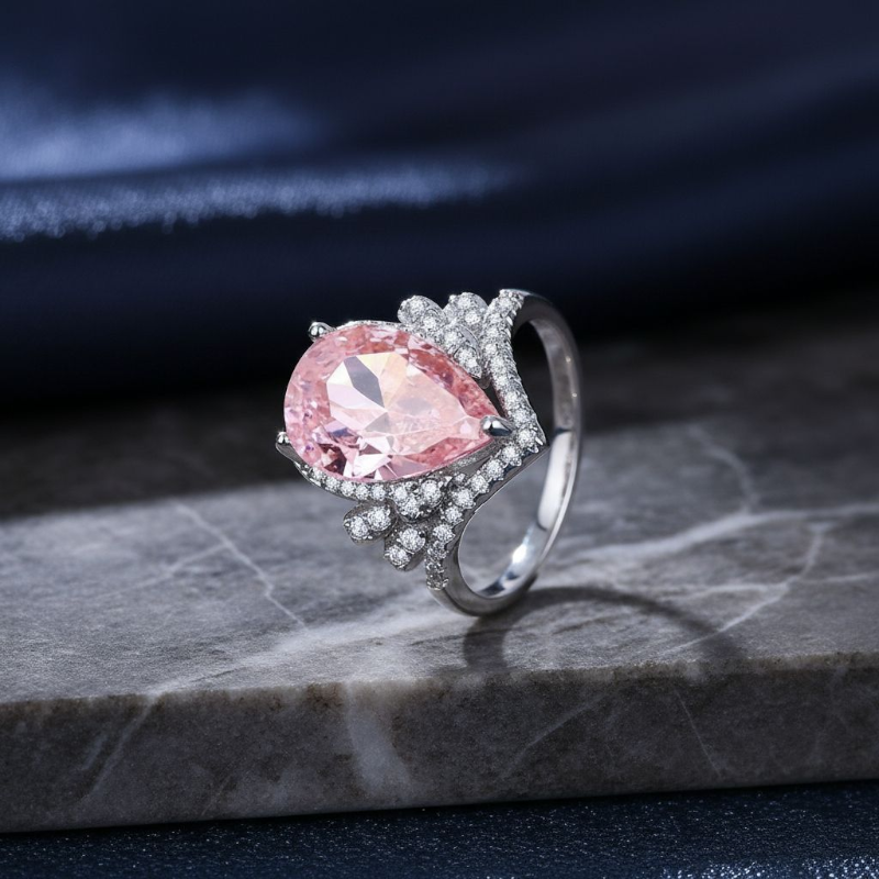 Pink Quartz Diamond Silver Plated Ring (Adjustable)