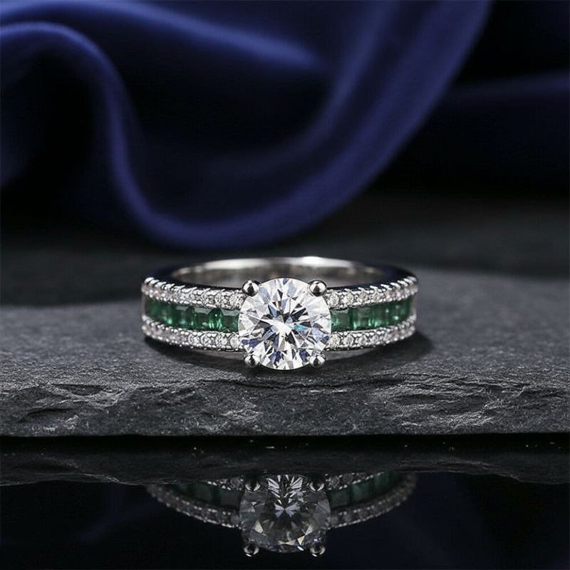 Green Diamond Royale Silver Plated Ring (Adjustable)