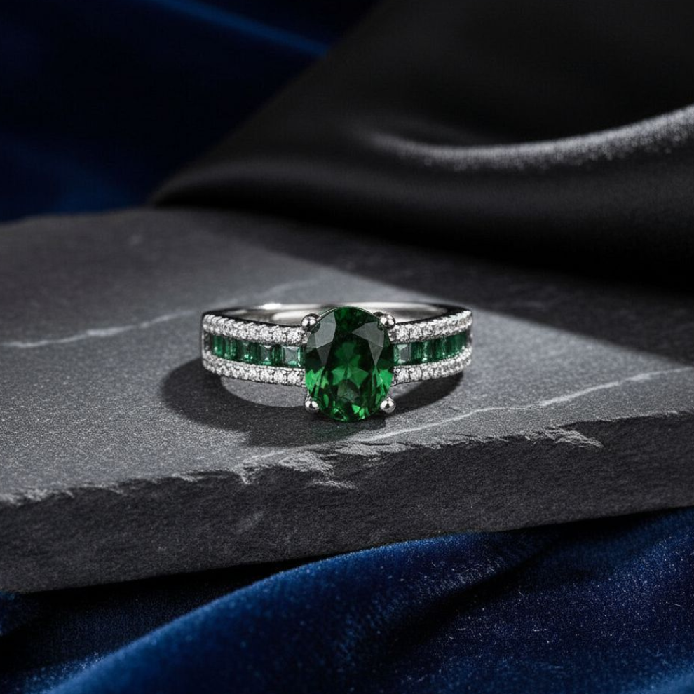 Emerald Gemstone Silver Plated Ring (Adjustable)
