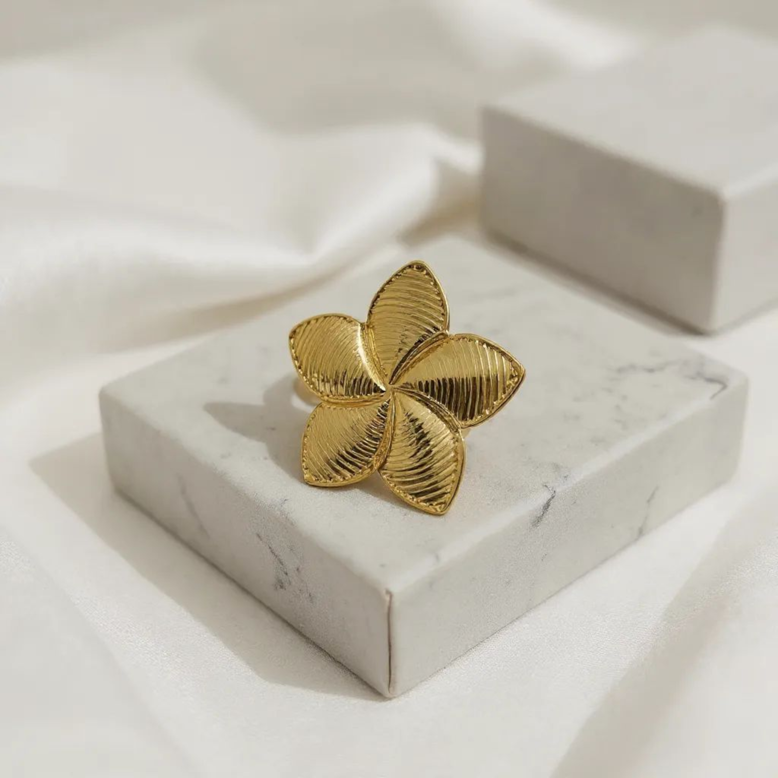 Textured Flower 18K Gold Plated Ring (Adjustable)