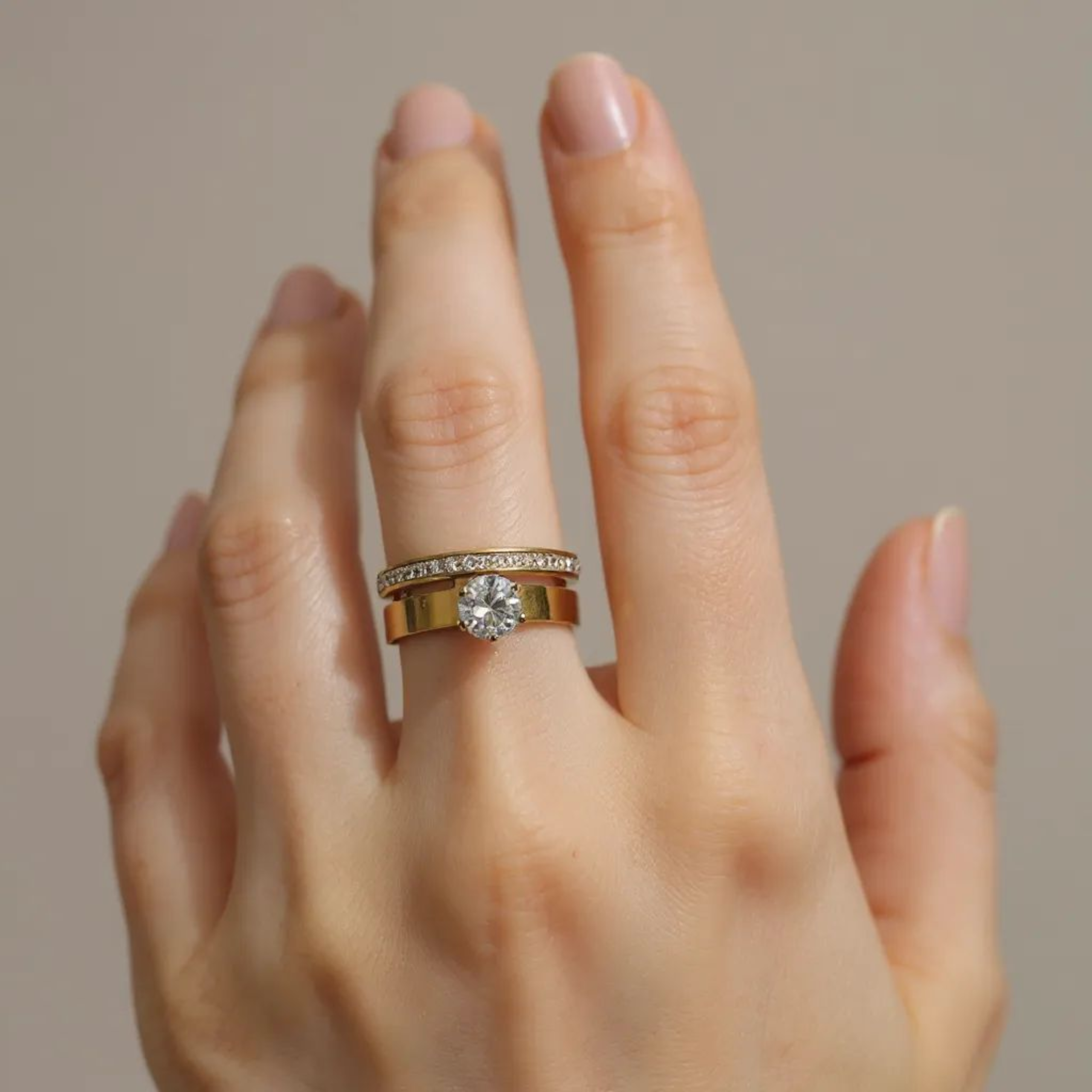 Double with Diamond 18K Gold Plated Ring