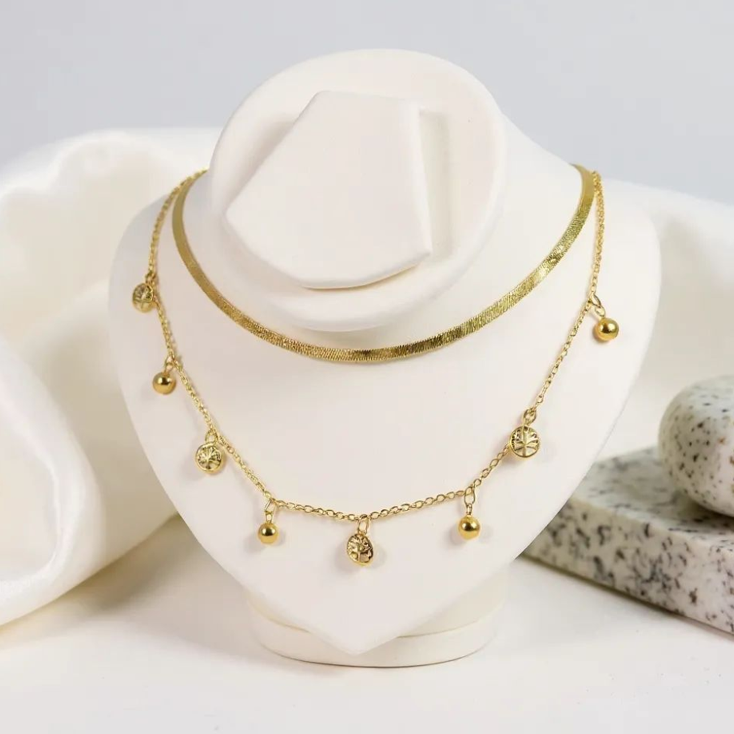 Double Chain Tree Charm 18K Gold Plated Necklace