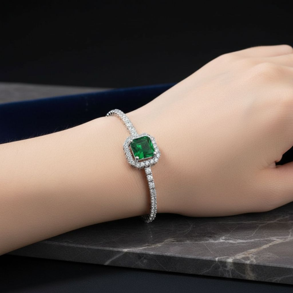 Emarald Gemstone Silver Plated Bracelet